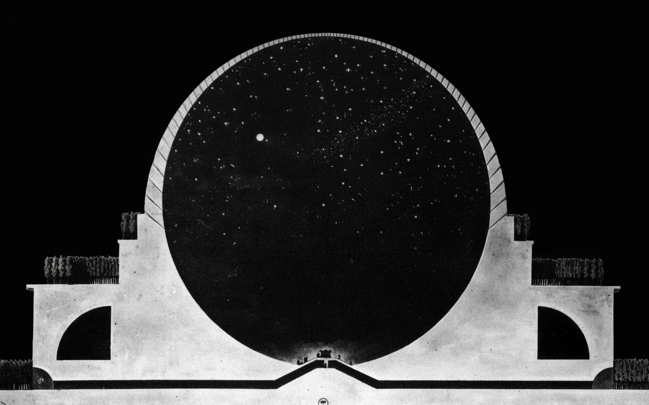 Architectural illustration of a monumental spherical structure